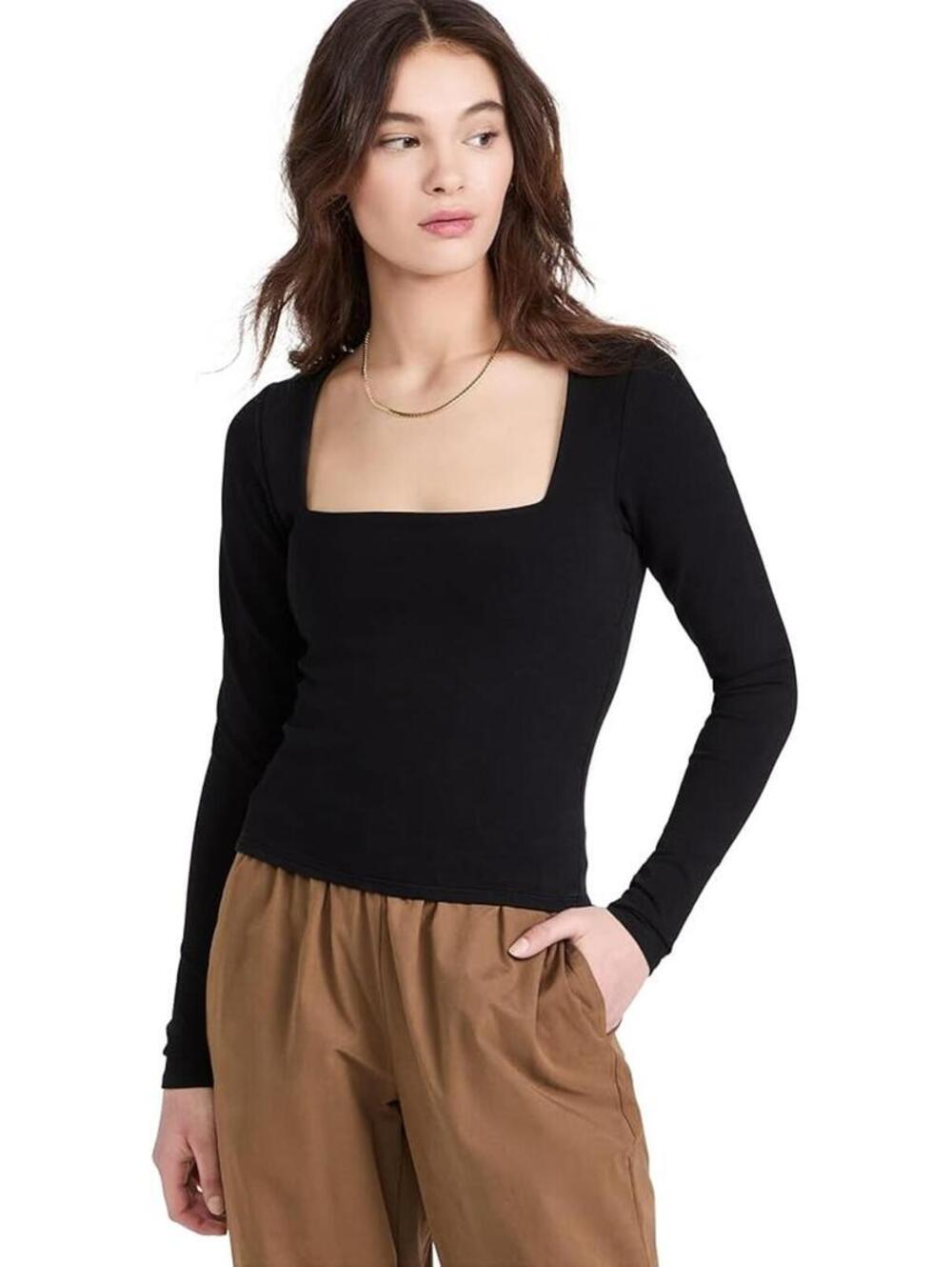 Good American Square Neck Long-Sleeve Compression Top Black Size Large